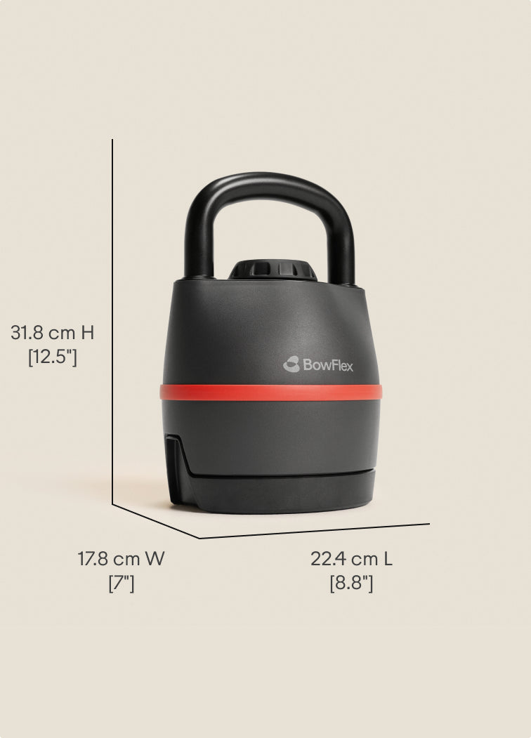 Angled front view of the BowFlex SelectTech 840 Kettlebell with dimension labels against a tan background.