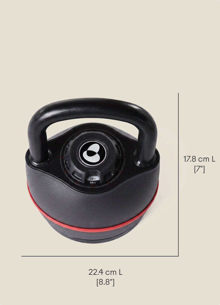 Top view of the BowFlex SelectTech 840 Kettlebell with dimension labels against a tan background.