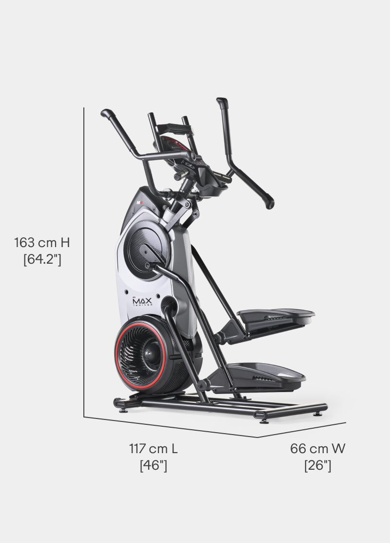 Angled view of the BowFlex Max Trainer M6 with dimension labels on a white background.
