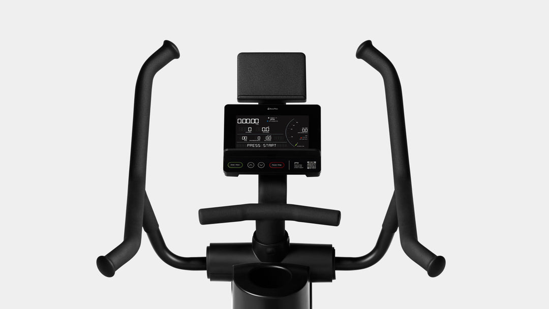 Close up of the BowFlex Max Trainer SEi console and 4-grip handlebars.