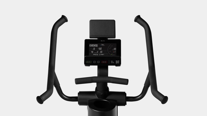 Close up of the BowFlex Max Trainer SEi console and 4-grip handlebars.