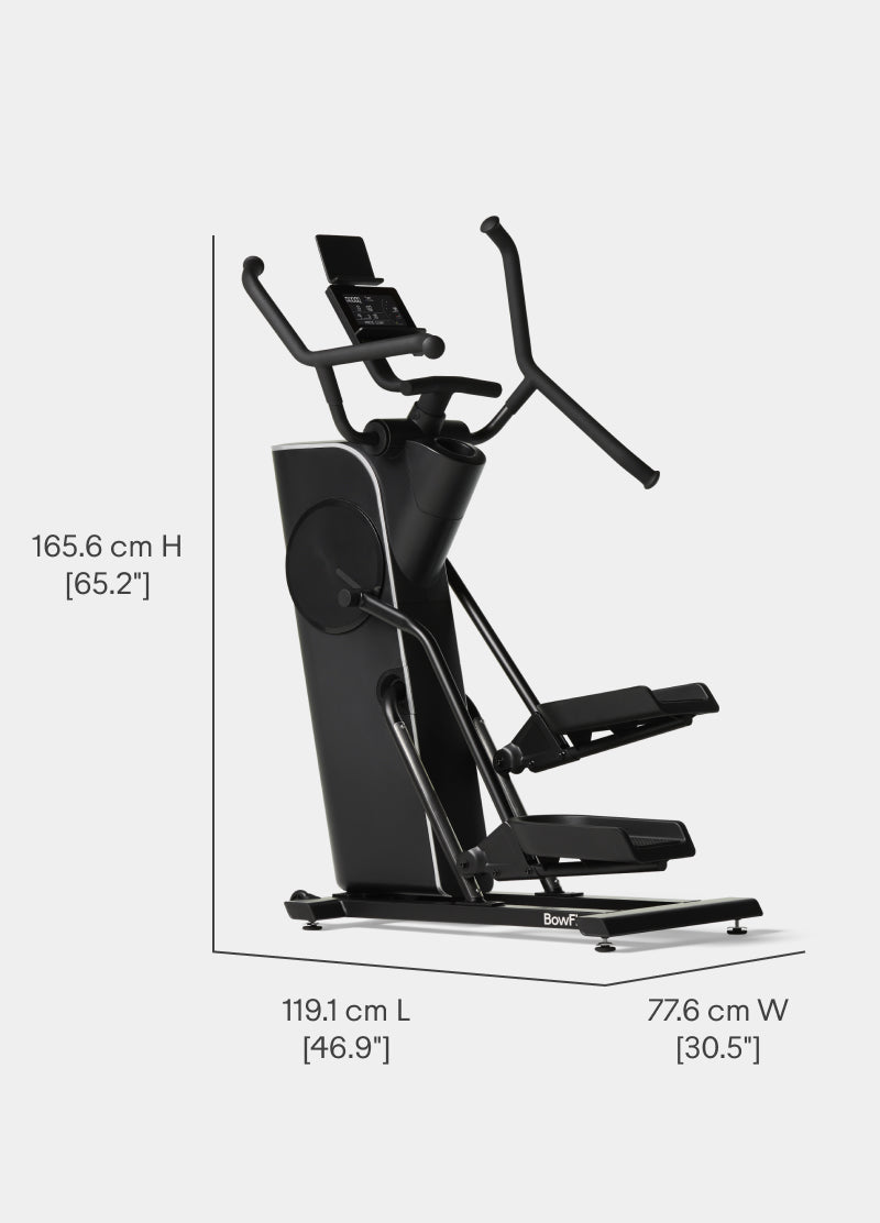 Angled view of the BowFlex Max Trainer SEi with dimension labels on a white background.