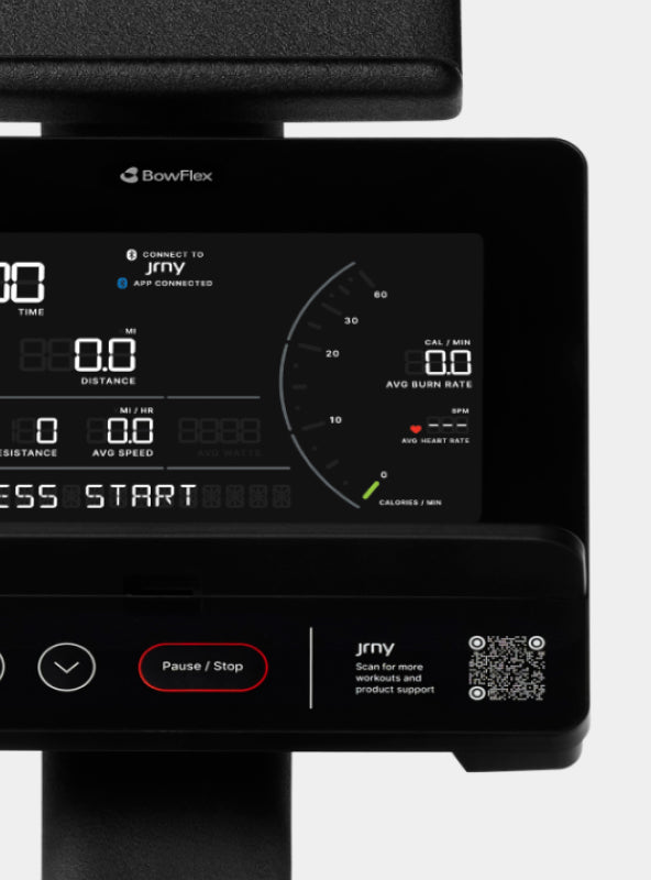 Close up of the BowFlex Max Trainer SEi console and QR code to connect the user to the JRNY app.