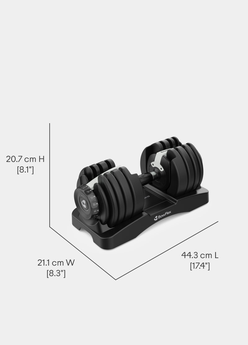 Angled view of the BowFlex Results Series DB52-21 SelectTech Dumbbells with dimension labels on a white background.