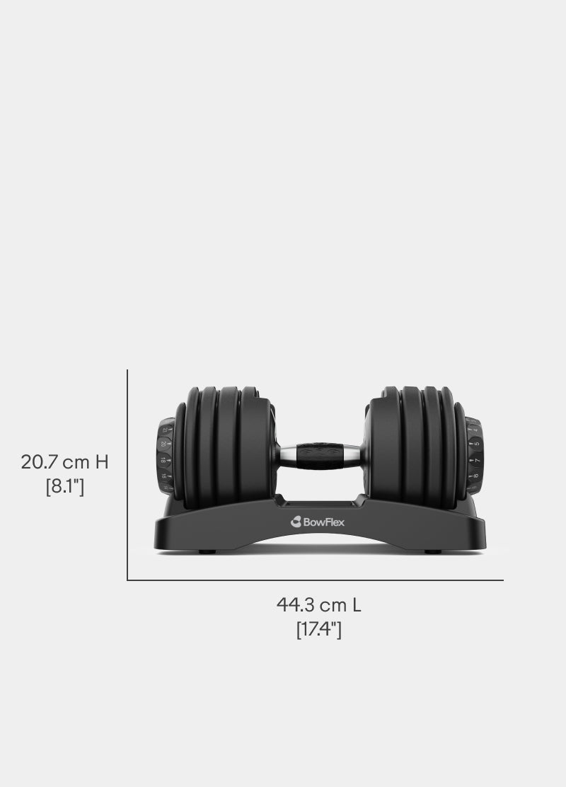 Front view of the BowFlex Results Series DB52-21 SelectTech Dumbbells with dimension labels on a white background.