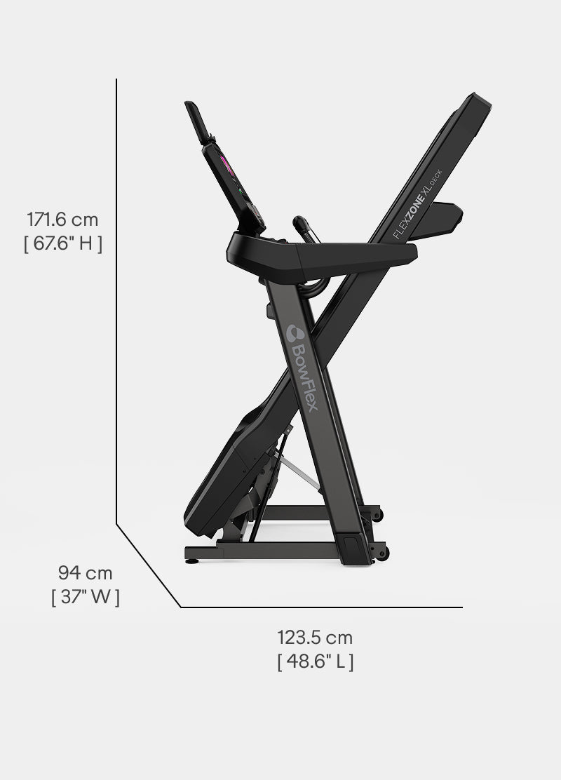 Dimensions for the BowFlex T16 Treadmill while stowed.