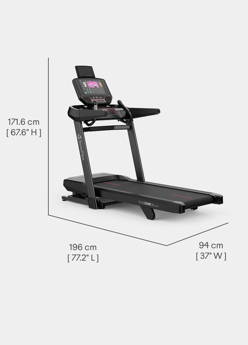 Angled view of the BowFlex T16 Treadmill with dimension labels on a white background.