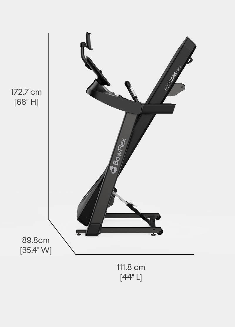 The BowFlex T6 Treadmill folded for storage with dimension labels on a white background.