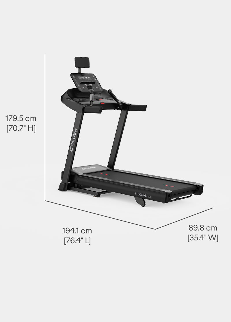 Angled view of the BowFlex T6 Treadmill with dimension labels on a white background.