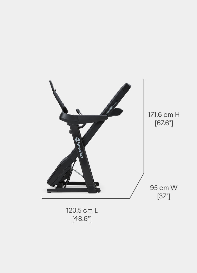 The BowFlex T9 Treadmill folded for storage with dimension labels on a white background.