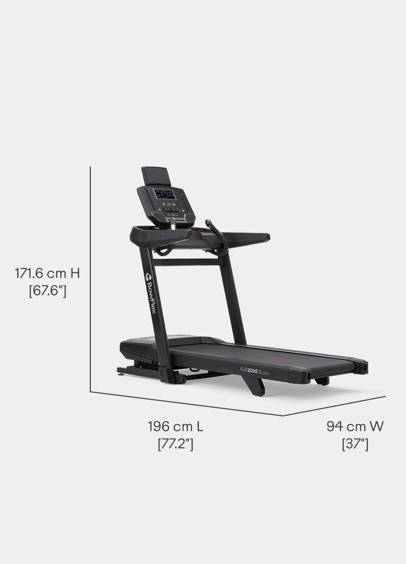 Angled view of the BowFlex T9 Treadmill with dimension labels on a white background.