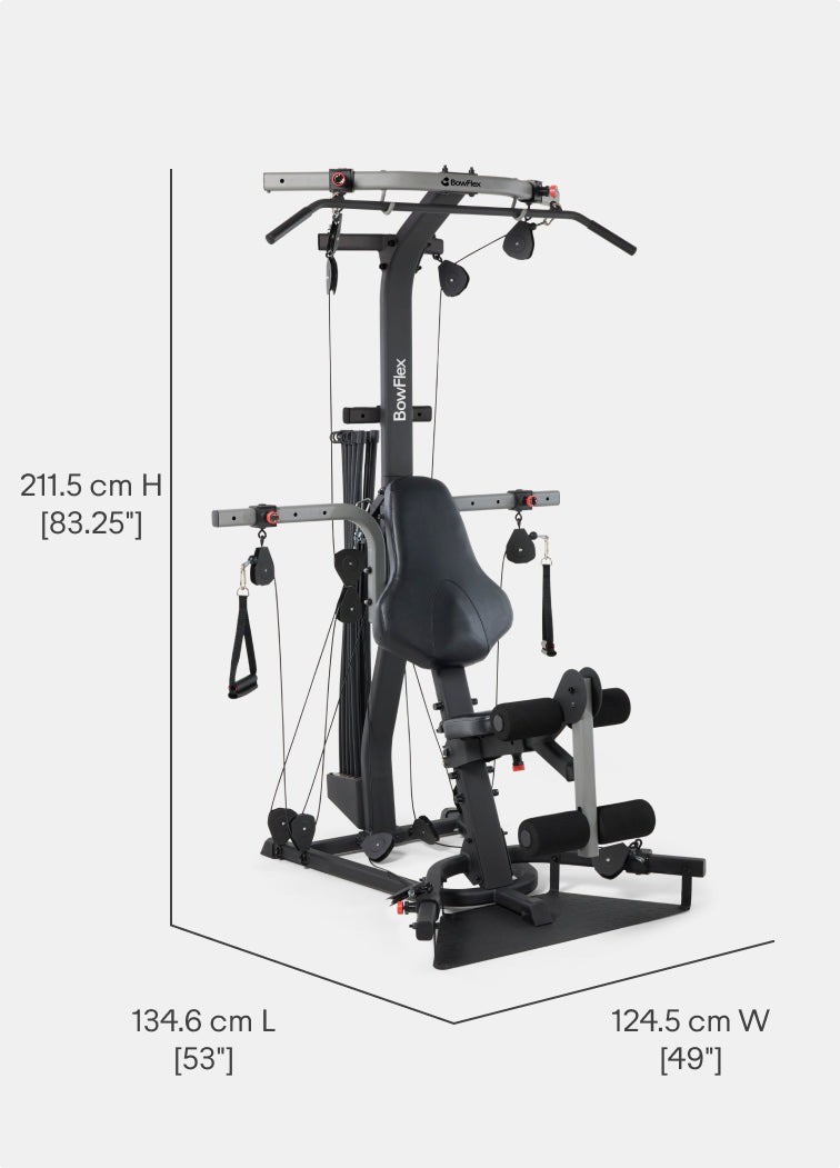 Angled view of the BowFlex Xtreme 2 SE Home Gym with dimension labels on a white background.