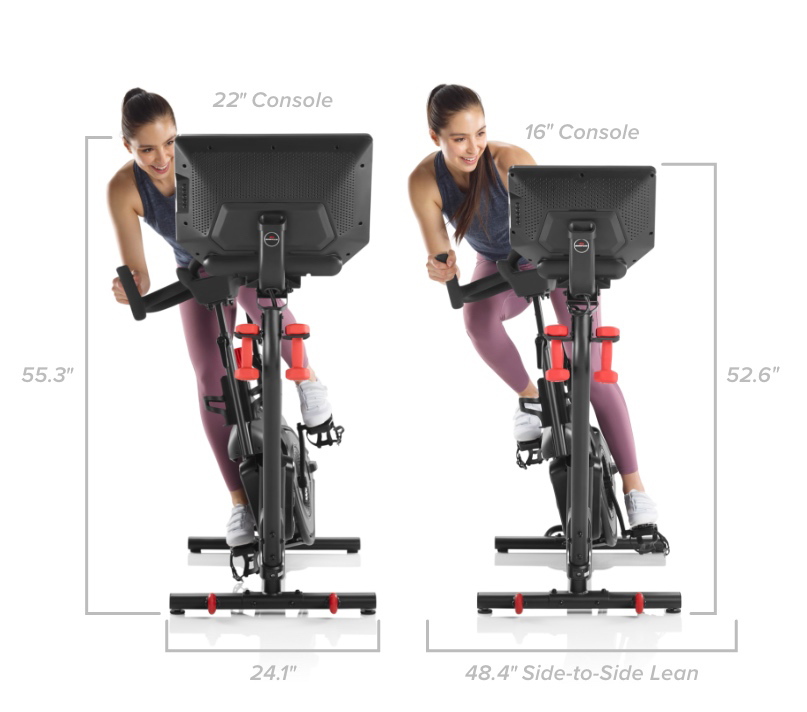 VeloCore Bike Dimensions - Width 24.1 inches. Width when leaning side to side - 48.4 inches. Height 55.3 or 52.6 inches.